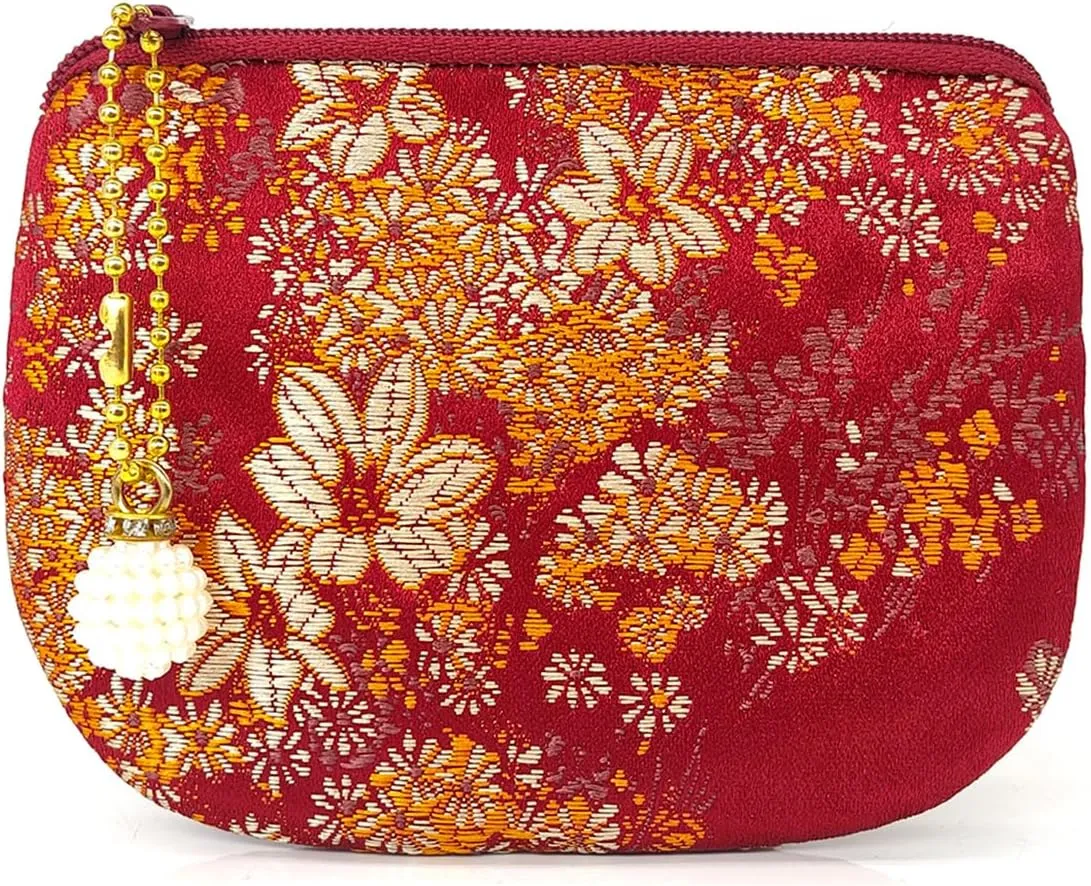 Handmade Jewelry Pouch Women Coin Purse Brocade Zipper Wallet Silk Makeup Bag - MAROON