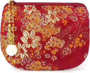Handmade Jewelry Pouch Women Coin Purse Brocade Zipper Wallet Silk Makeup Bag - MAROON