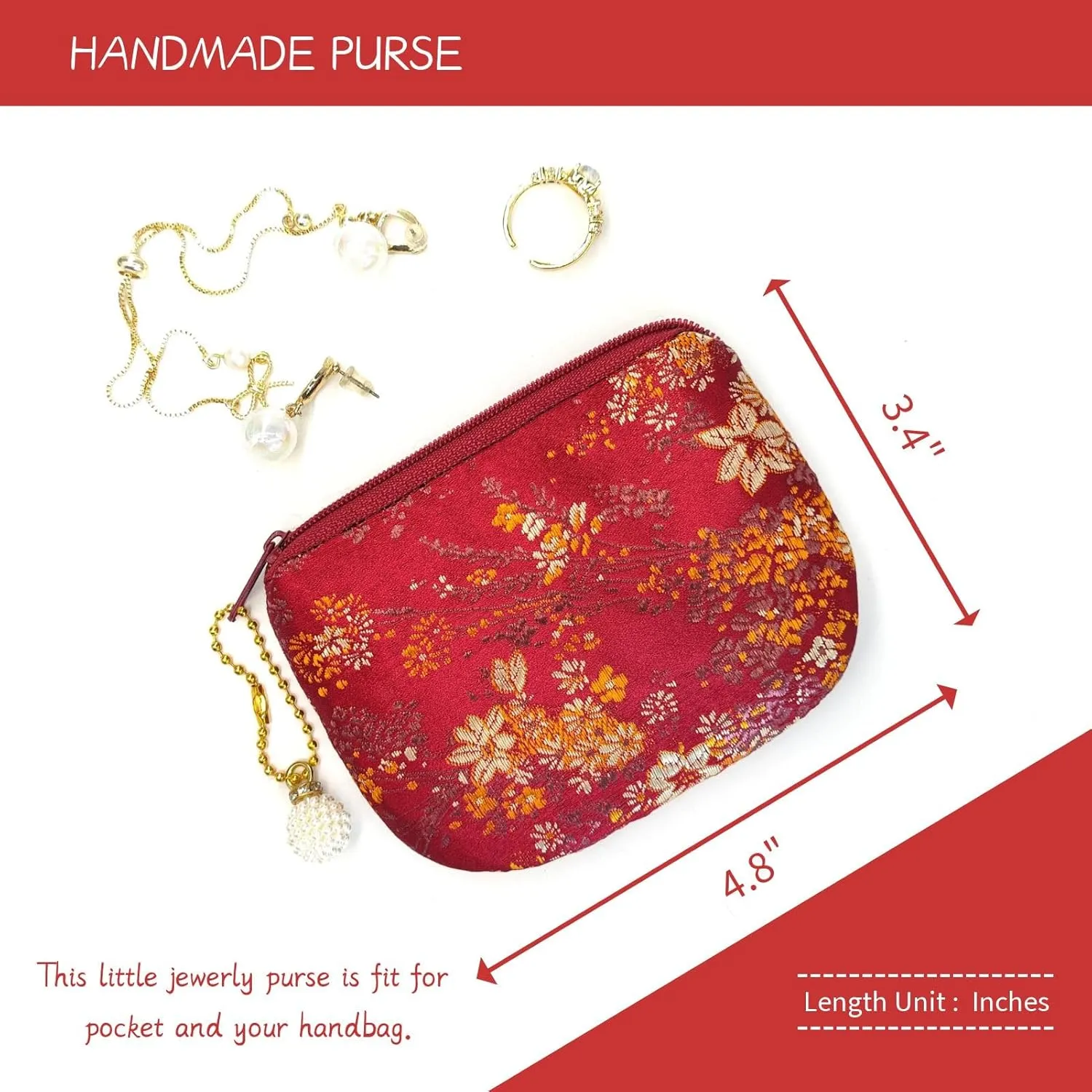 Handmade Jewelry Pouch Women Coin Purse Brocade Zipper Wallet Silk Makeup Bag - MAROON