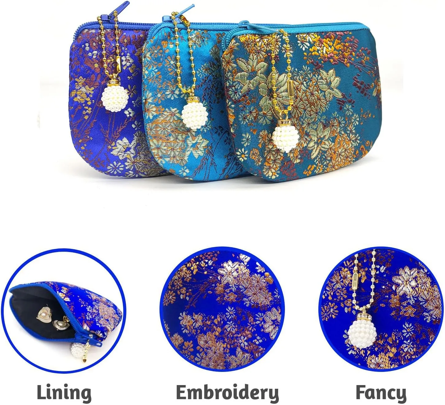 Handmade Jewelry Pouch Women Coin Purse Brocade Zipper Wallet Silk Makeup Bag - MEDIUMBLUE