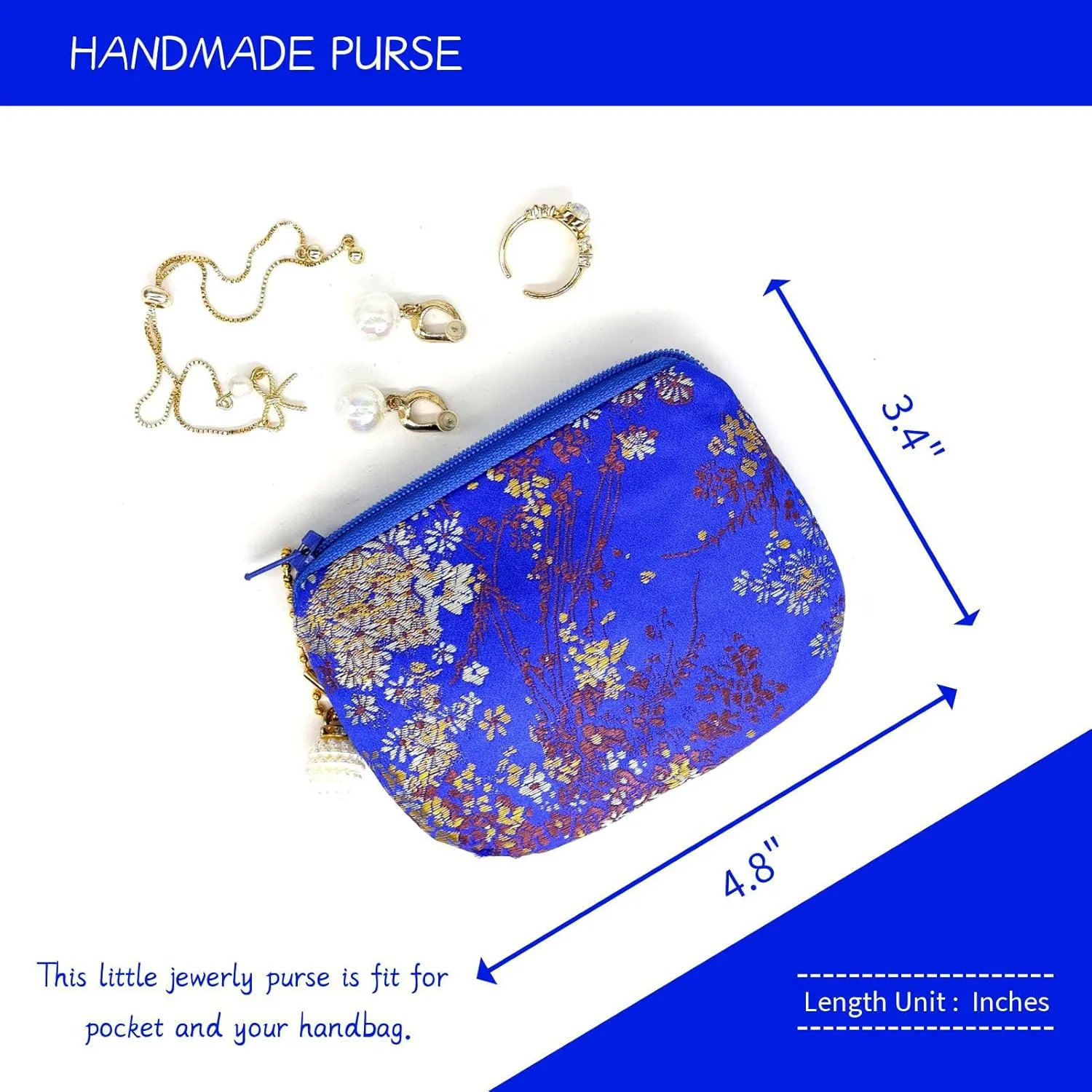 Handmade Jewelry Pouch Women Coin Purse Brocade Zipper Wallet Silk Makeup Bag - MEDIUMBLUE
