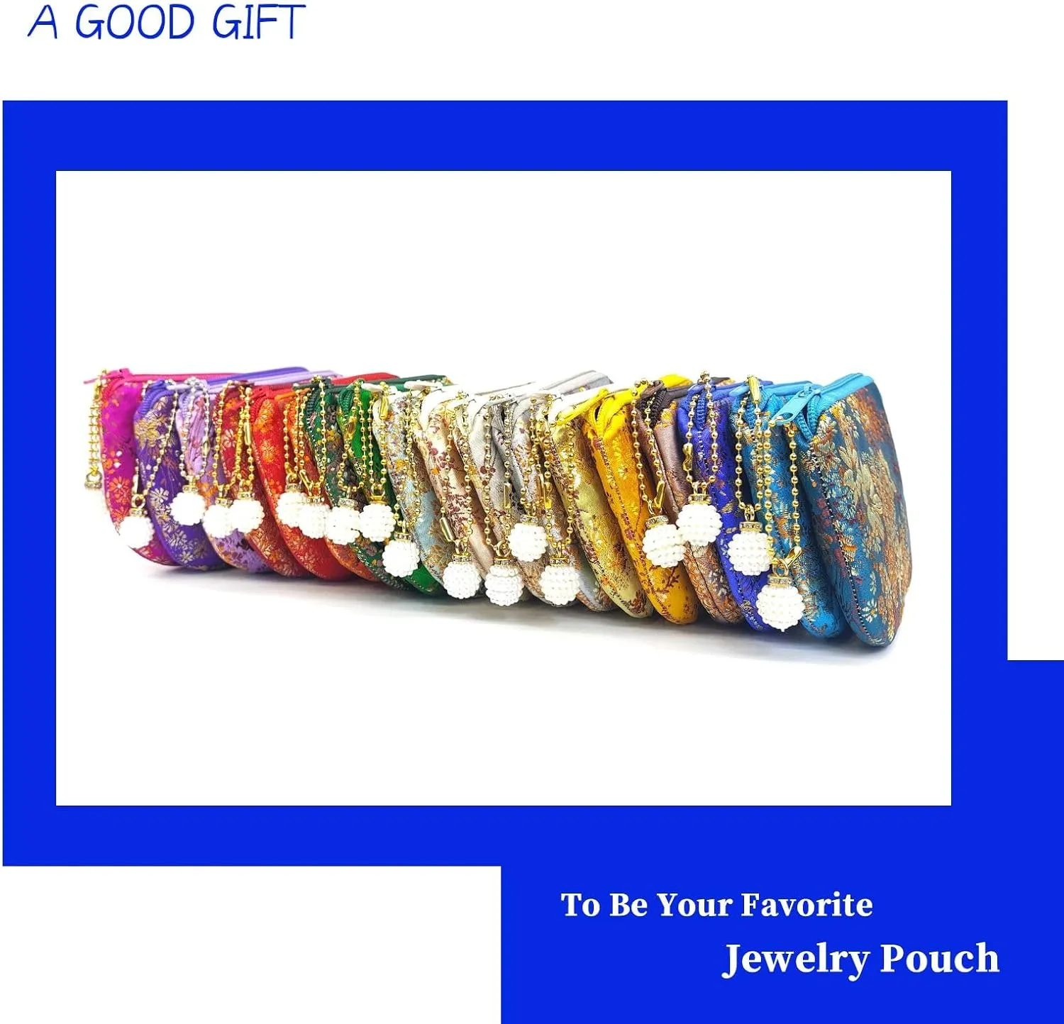 Handmade Jewelry Pouch Women Coin Purse Brocade Zipper Wallet Silk Makeup Bag - MEDIUMBLUE