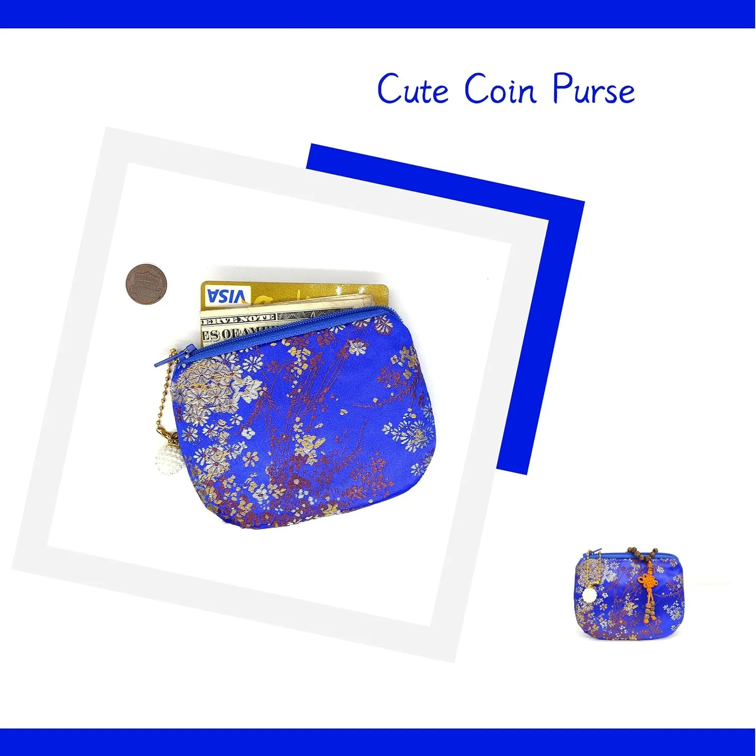 Handmade Jewelry Pouch Women Coin Purse Brocade Zipper Wallet Silk Makeup Bag - MEDIUMBLUE