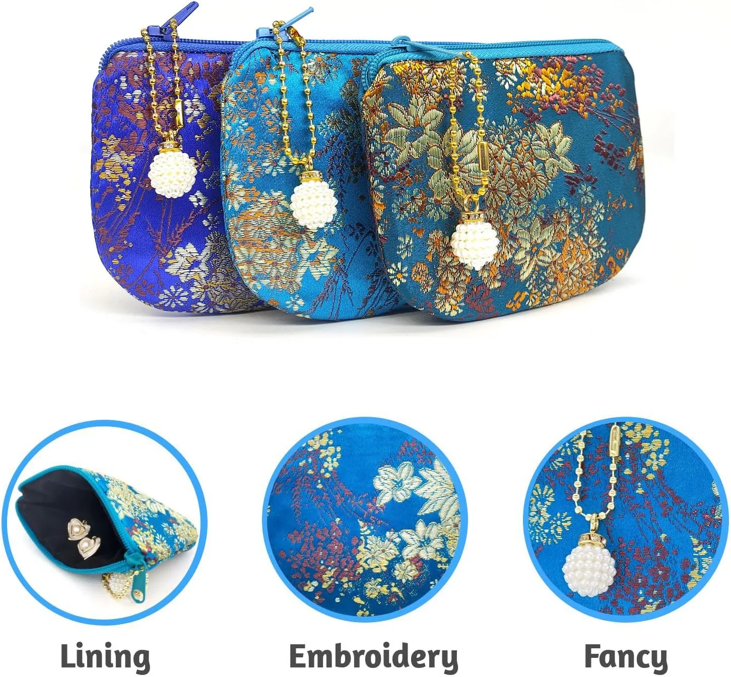 Handmade Jewelry Pouch Women Coin Purse Brocade Zipper Wallet Silk Makeup Bag - SKYBLUE