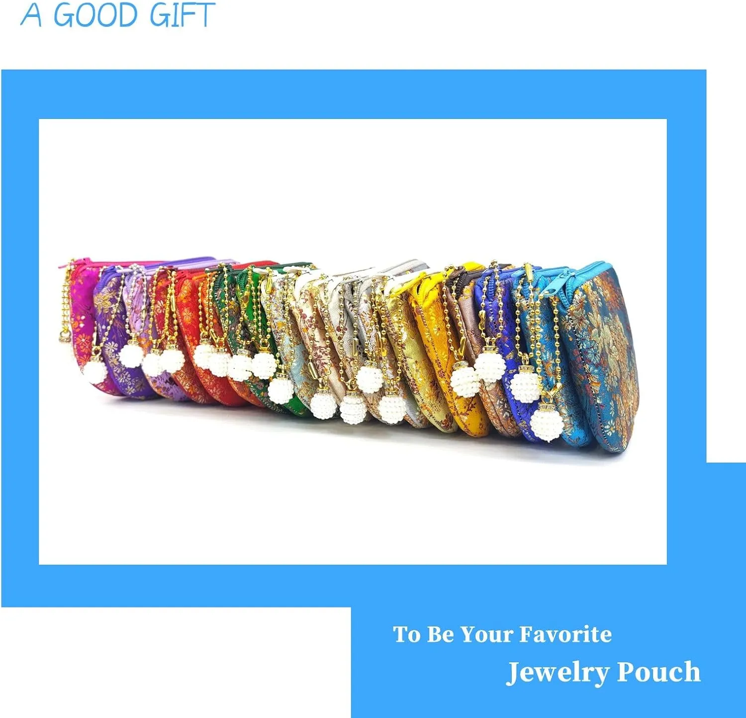 Handmade Jewelry Pouch Women Coin Purse Brocade Zipper Wallet Silk Makeup Bag - SKYBLUE