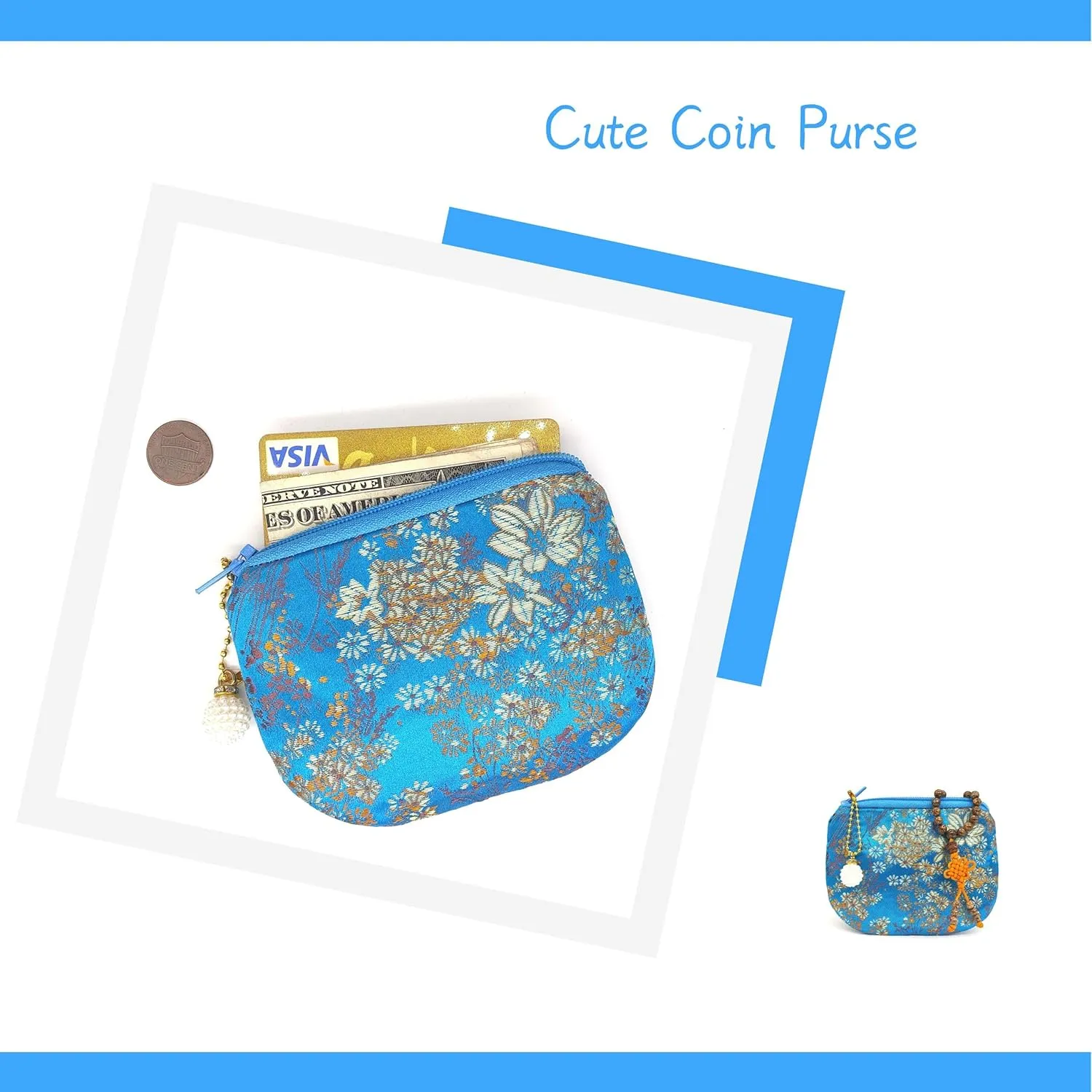 Handmade Jewelry Pouch Women Coin Purse Brocade Zipper Wallet Silk Makeup Bag - SKYBLUE