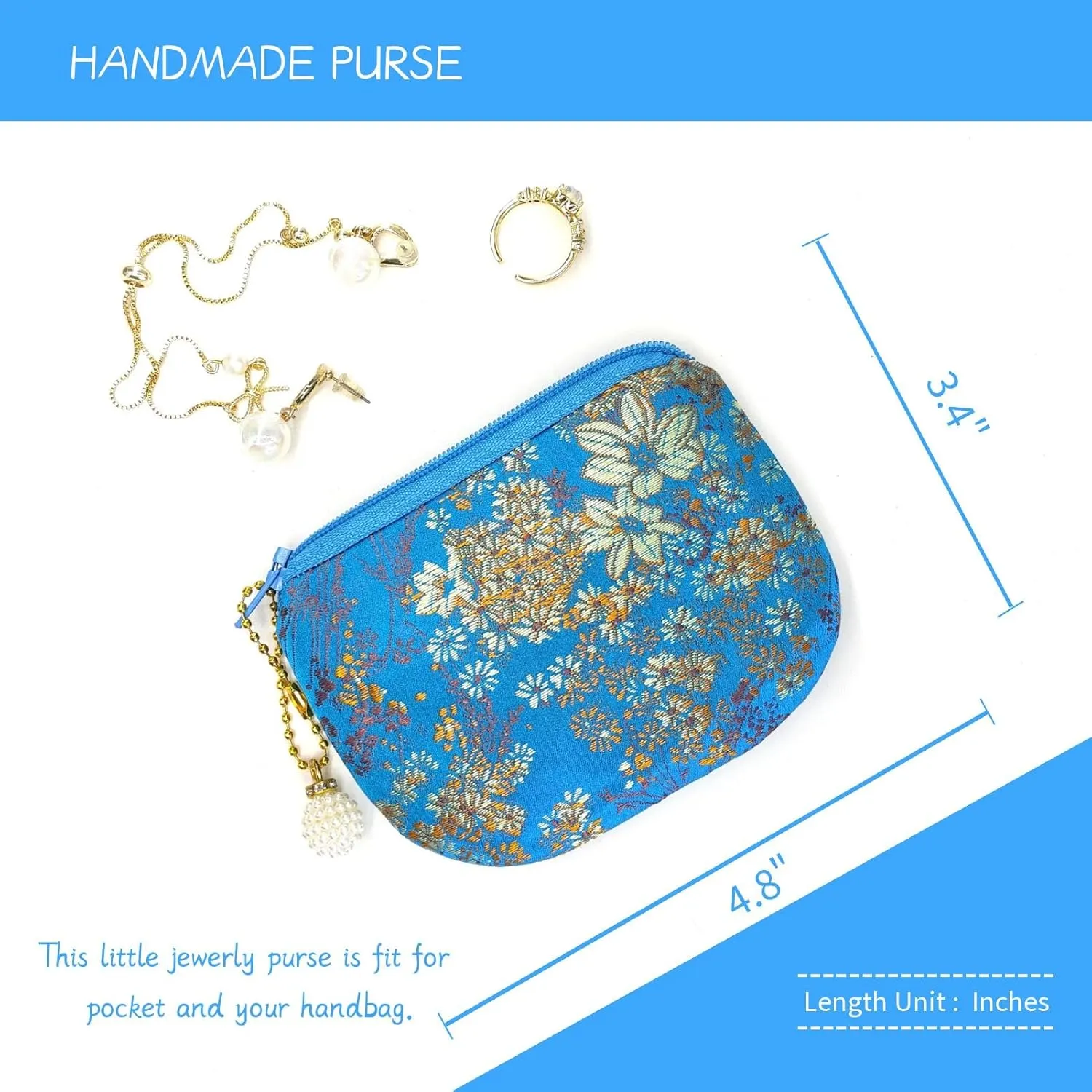 Handmade Jewelry Pouch Women Coin Purse Brocade Zipper Wallet Silk Makeup Bag - SKYBLUE