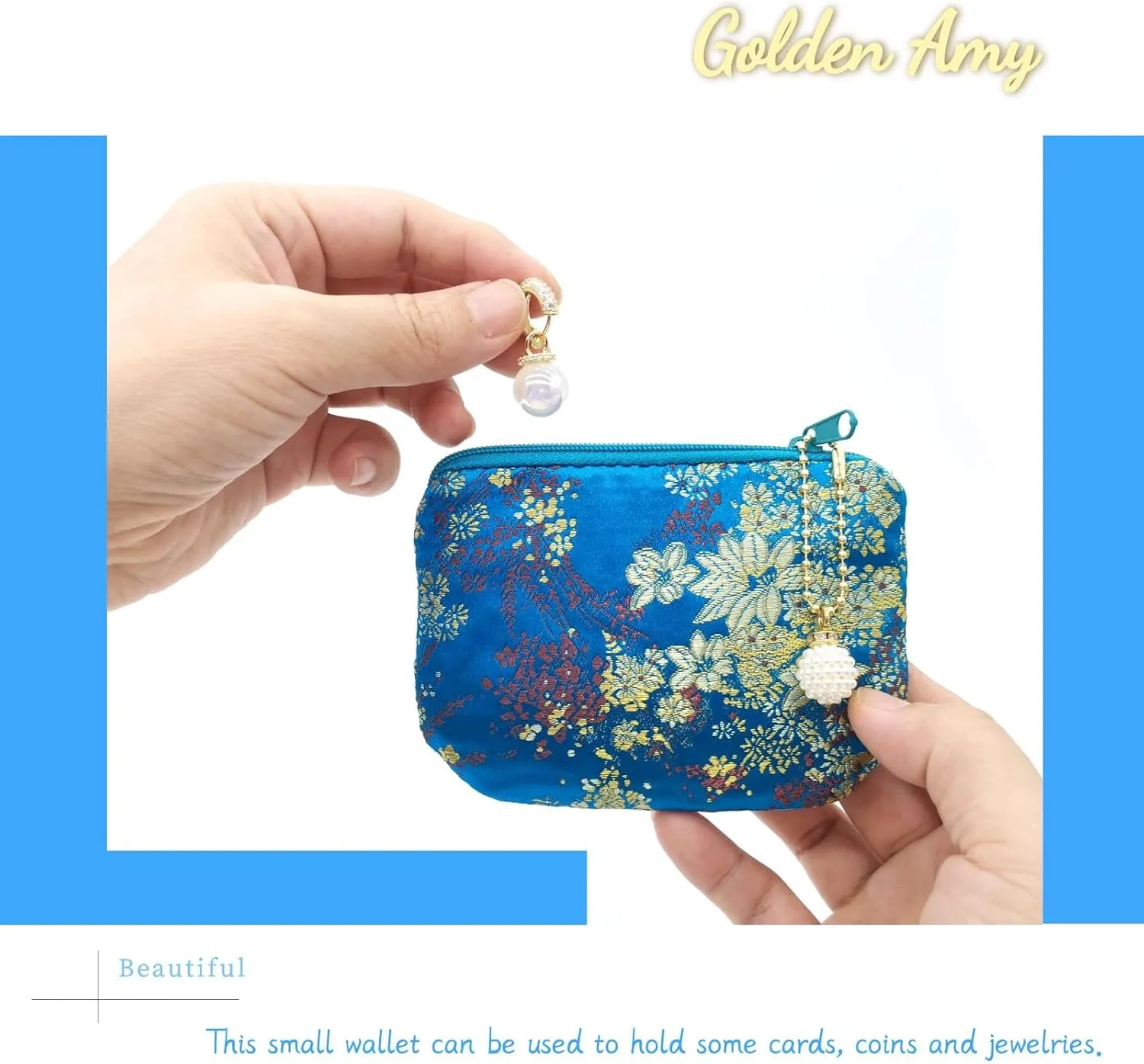 Handmade Jewelry Pouch Women Coin Purse Brocade Zipper Wallet Silk Makeup Bag - SKYBLUE