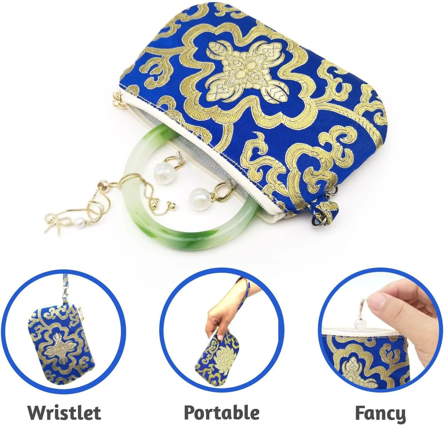 Handmade Zipper Coin Purse with Wristlet Strap Silk Rosary Pouch Jewelry Bag Brocade Wallet - Blue