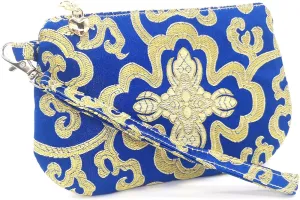 Handmade Zipper Coin Purse with Wristlet Strap Silk Rosary Pouch Jewelry Bag Brocade Wallet - Blue
