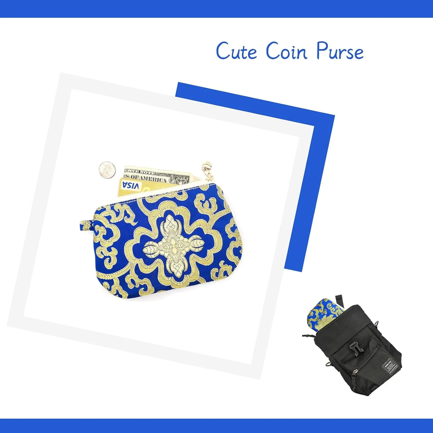 Handmade Zipper Coin Purse with Wristlet Strap Silk Rosary Pouch Jewelry Bag Brocade Wallet - Blue
