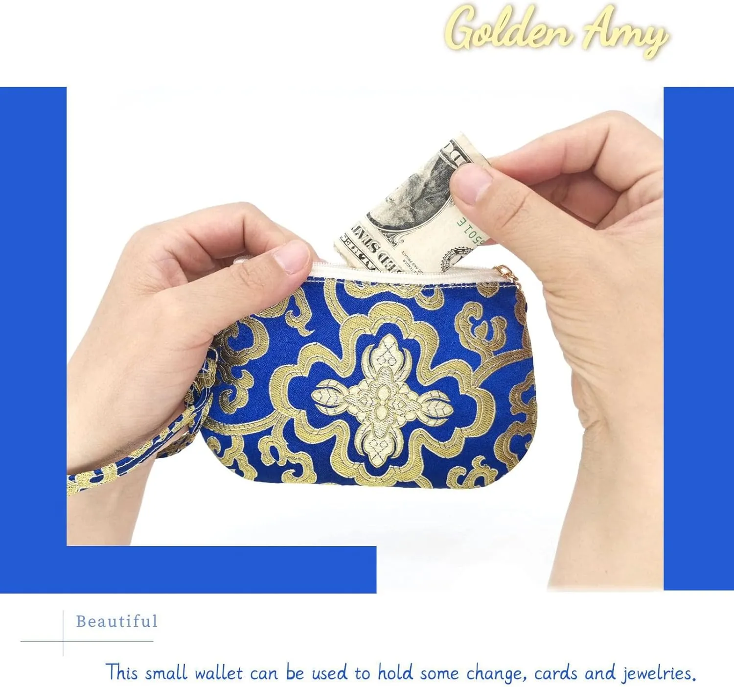 Handmade Zipper Coin Purse with Wristlet Strap Silk Rosary Pouch Jewelry Bag Brocade Wallet - Blue