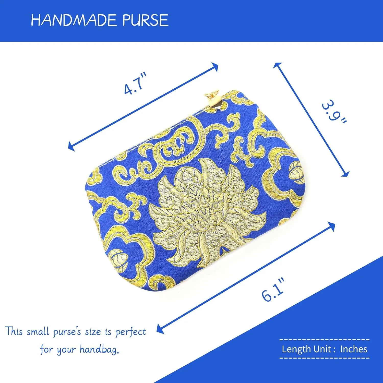 Handmade Zipper Coin Purse with Wristlet Strap Silk Rosary Pouch Jewelry Bag Brocade Wallet - Blue