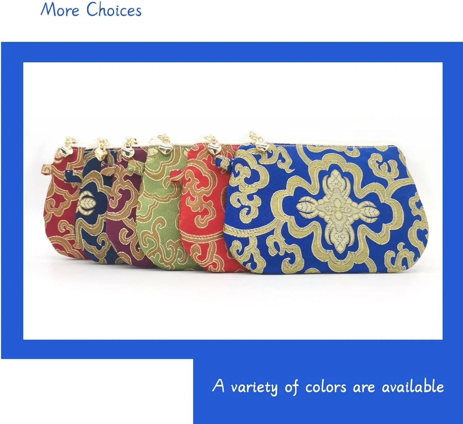 Handmade Zipper Coin Purse with Wristlet Strap Silk Rosary Pouch Jewelry Bag Brocade Wallet - Blue