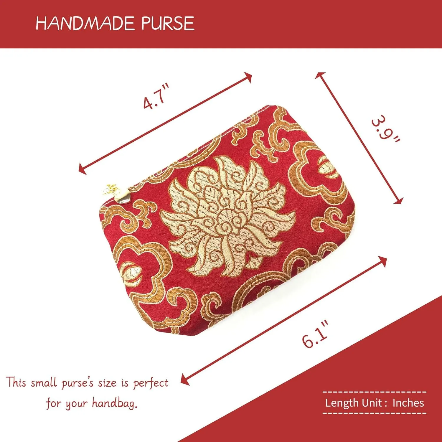 Handmade Zipper Coin Purse with Wristlet Strap Silk Rosary Pouch Jewelry Bag Brocade Wallet - Crimson