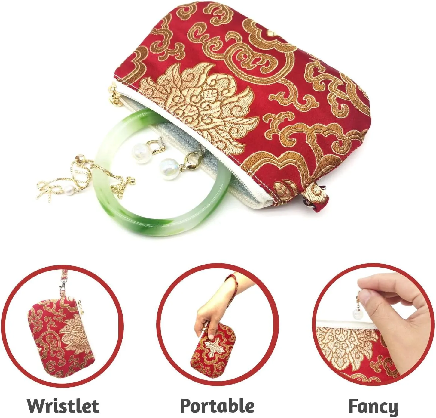 Handmade Zipper Coin Purse with Wristlet Strap Silk Rosary Pouch Jewelry Bag Brocade Wallet - Crimson