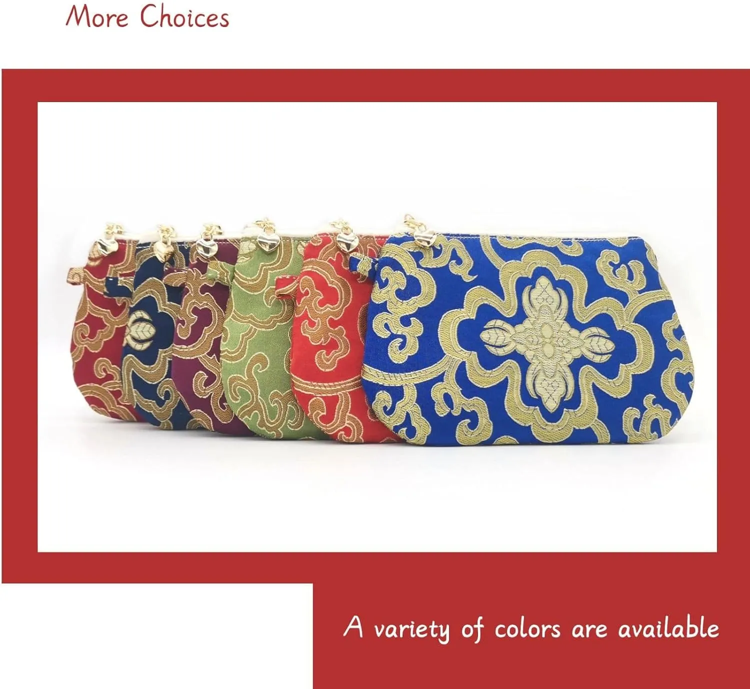 Handmade Zipper Coin Purse with Wristlet Strap Silk Rosary Pouch Jewelry Bag Brocade Wallet - Crimson