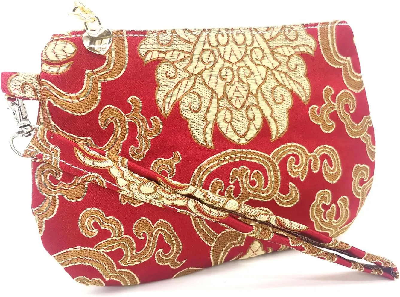 Handmade Zipper Coin Purse with Wristlet Strap Silk Rosary Pouch Jewelry Bag Brocade Wallet - Crimson