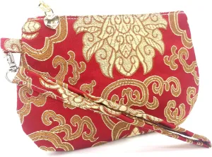 Handmade Zipper Coin Purse with Wristlet Strap Silk Rosary Pouch Jewelry Bag Brocade Wallet - Crimson