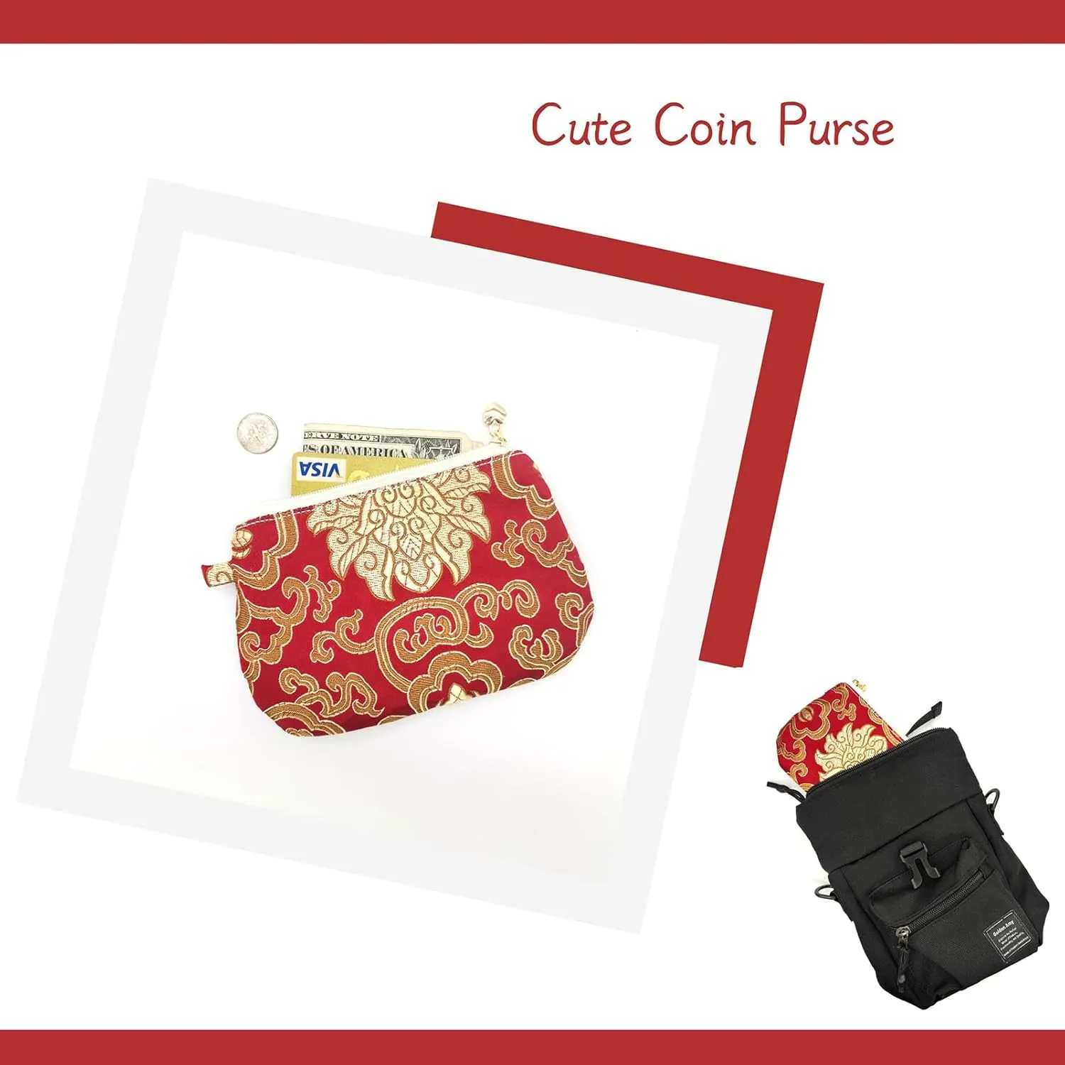 Handmade Zipper Coin Purse with Wristlet Strap Silk Rosary Pouch Jewelry Bag Brocade Wallet - Crimson