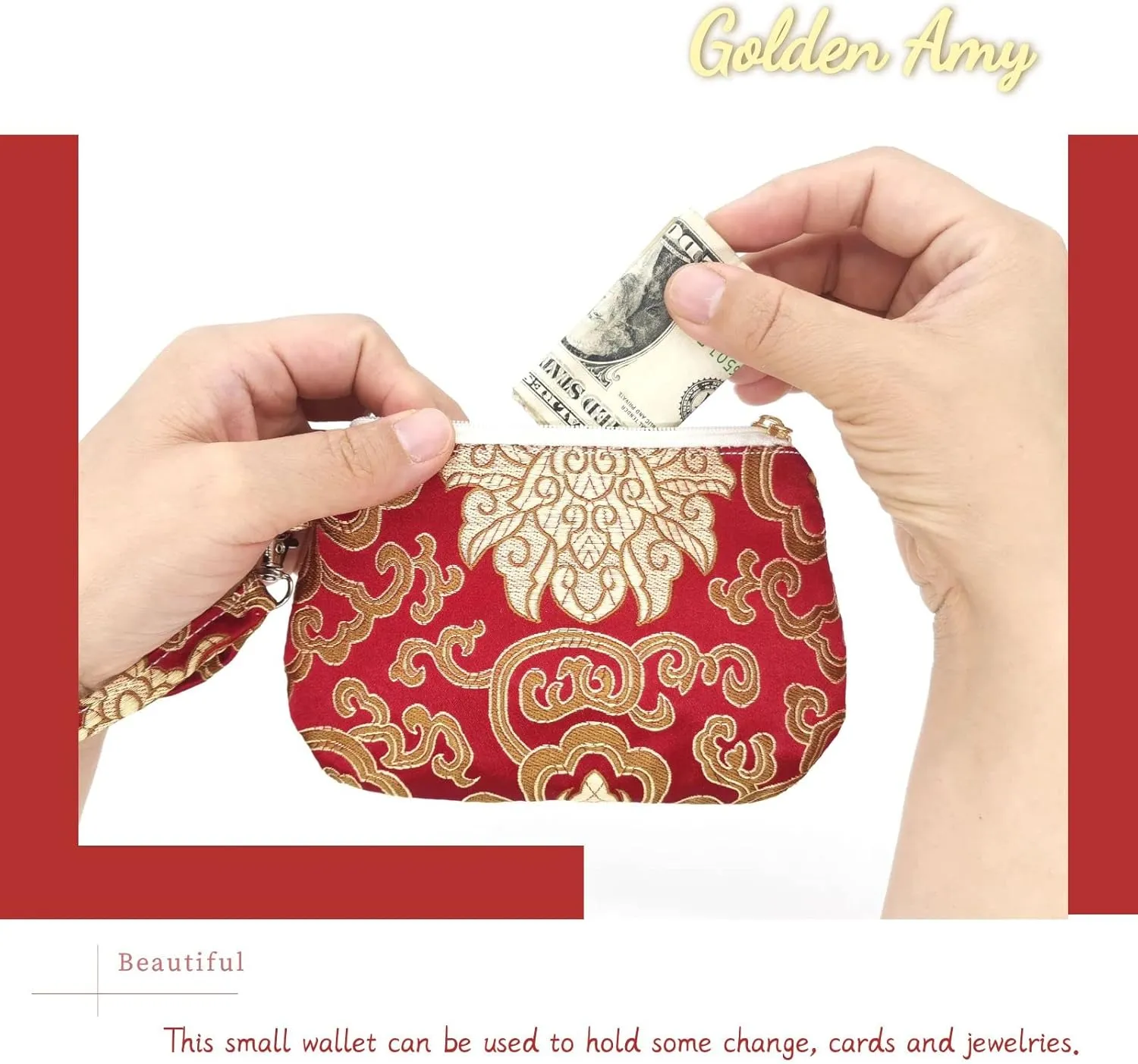 Handmade Zipper Coin Purse with Wristlet Strap Silk Rosary Pouch Jewelry Bag Brocade Wallet - Crimson