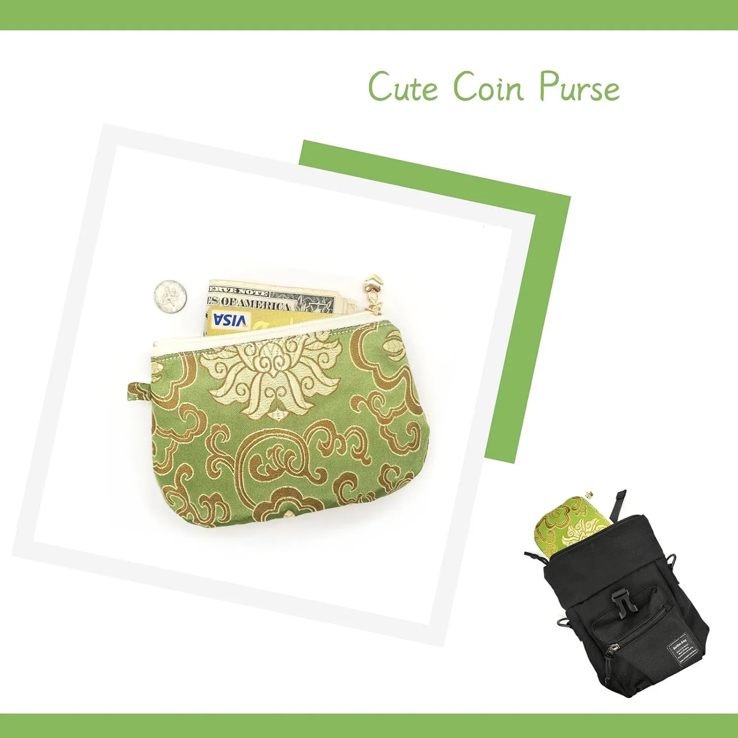 Handmade Zipper Coin Purse with Wristlet Strap Silk Rosary Pouch Jewelry Bag Brocade Wallet - Green
