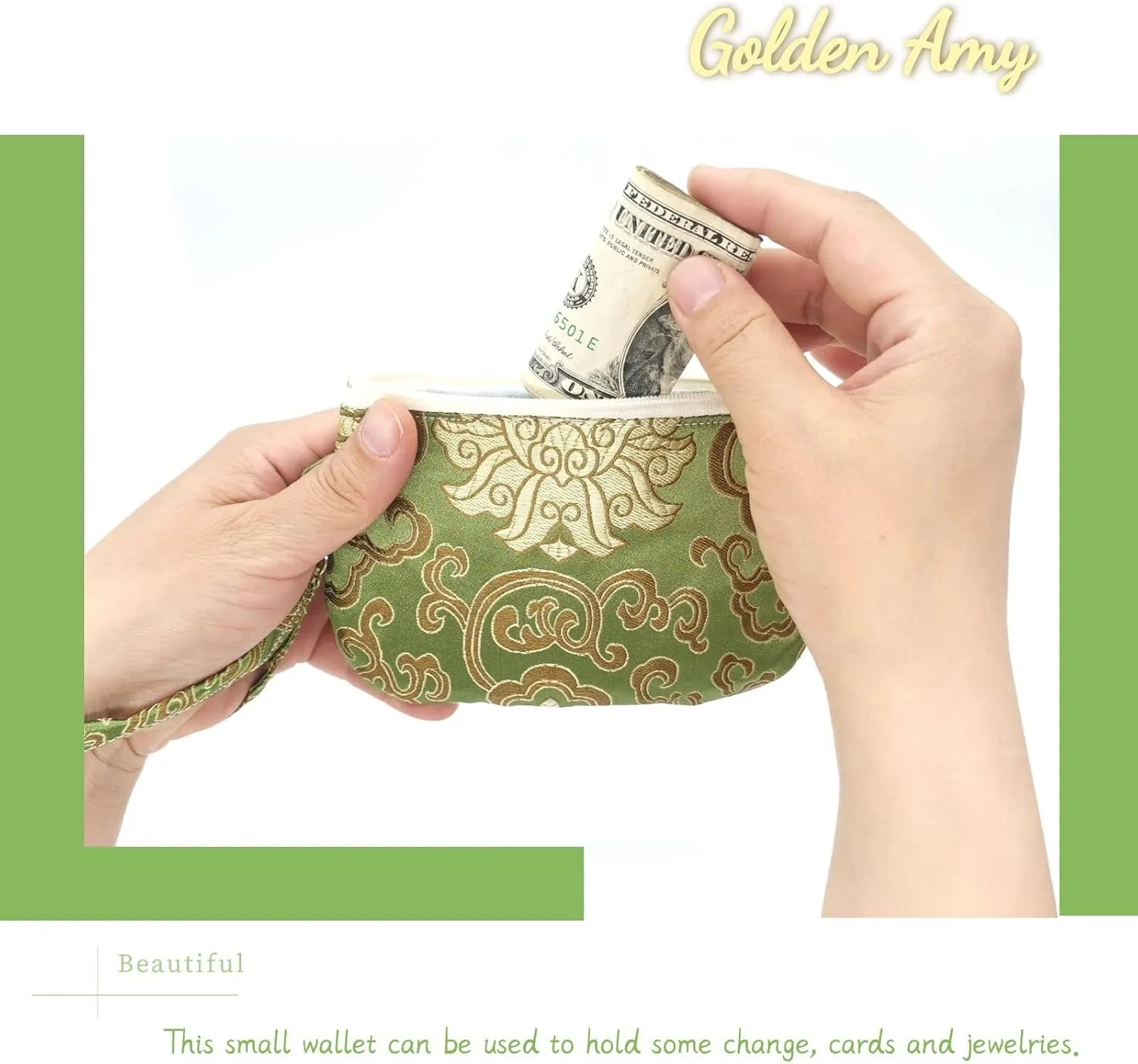 Handmade Zipper Coin Purse with Wristlet Strap Silk Rosary Pouch Jewelry Bag Brocade Wallet - Green