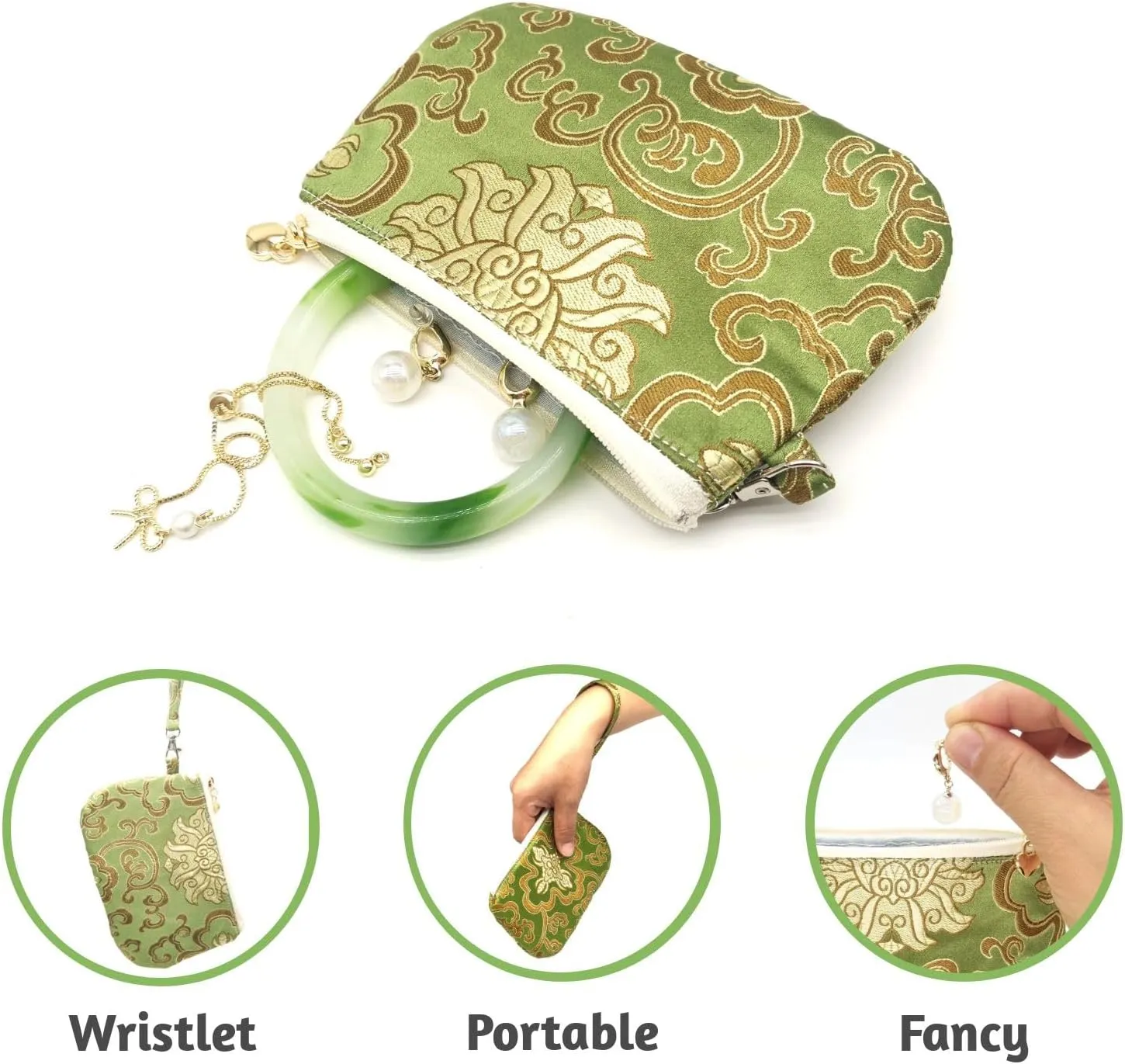 Handmade Zipper Coin Purse with Wristlet Strap Silk Rosary Pouch Jewelry Bag Brocade Wallet - Green