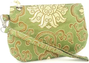 Handmade Zipper Coin Purse with Wristlet Strap Silk Rosary Pouch Jewelry Bag Brocade Wallet - Green