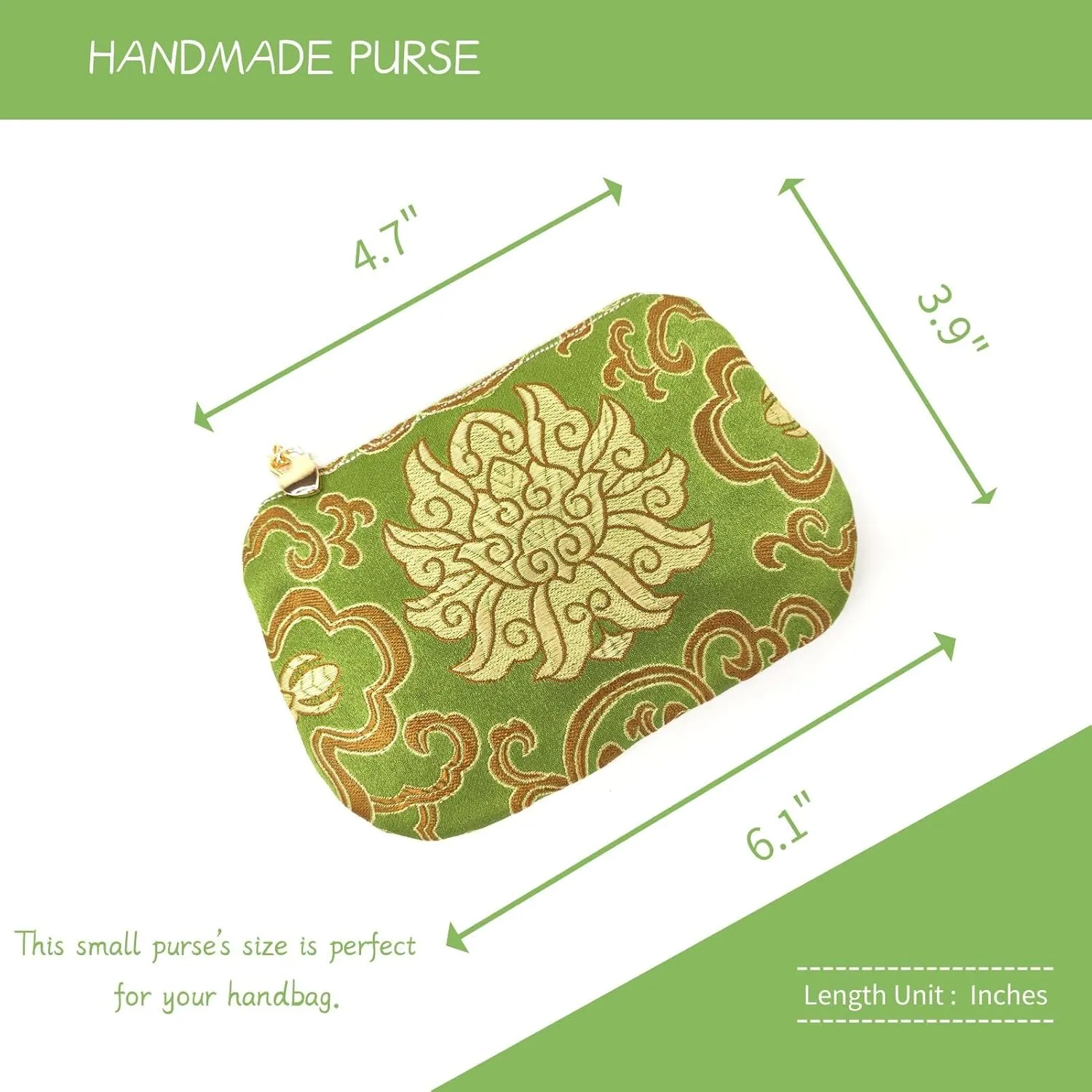 Handmade Zipper Coin Purse with Wristlet Strap Silk Rosary Pouch Jewelry Bag Brocade Wallet - Green