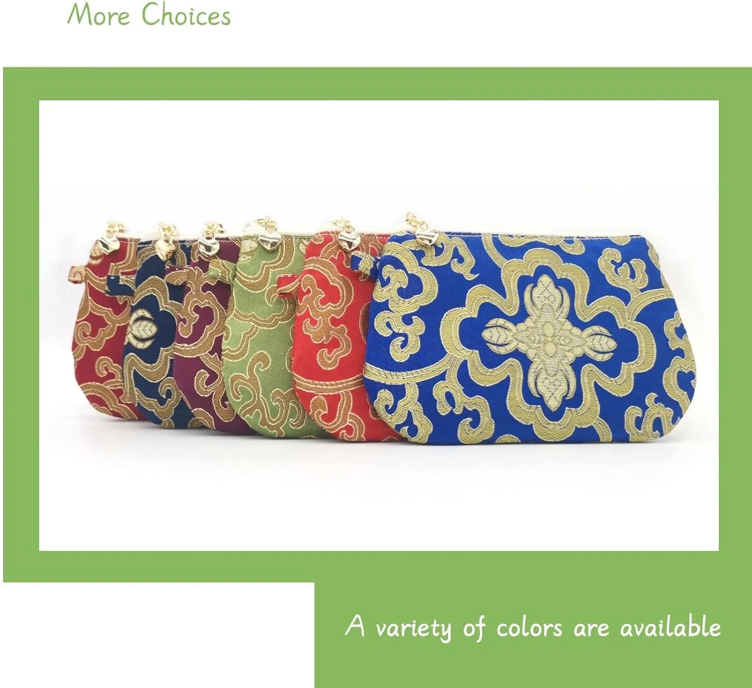 Handmade Zipper Coin Purse with Wristlet Strap Silk Rosary Pouch Jewelry Bag Brocade Wallet - Green