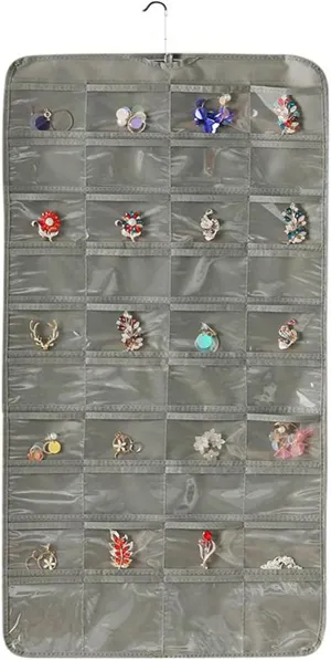 Hanging Jewellery Organiser Display Stand 80 Clear Pockets Double Sides Wardrobe Storage Holder Bag with Hook for Earring Bracelet Ring Chain Accessories Storage Holding Jewellery Closet-Gray
