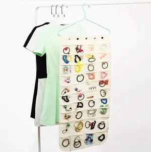 Hanging Jewelry Organizer Bag (40-Pockets) & 20 Magic Tape Hook Closet Storage for Portable Travel, Rings, Earrings, Necklaces, Clear PVC Plastic Windows,(Beige)