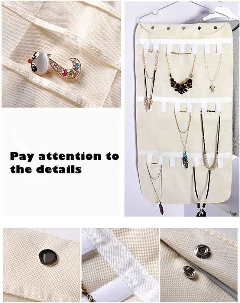 Hanging Jewelry Organizer Bag (40-Pockets) & 20 Magic Tape Hook Storage Bag Closet Storage for Portable Travel, Rings, Earrings, Necklaces, Clear PVC Plastic Windows, Roll-Up (Beige)