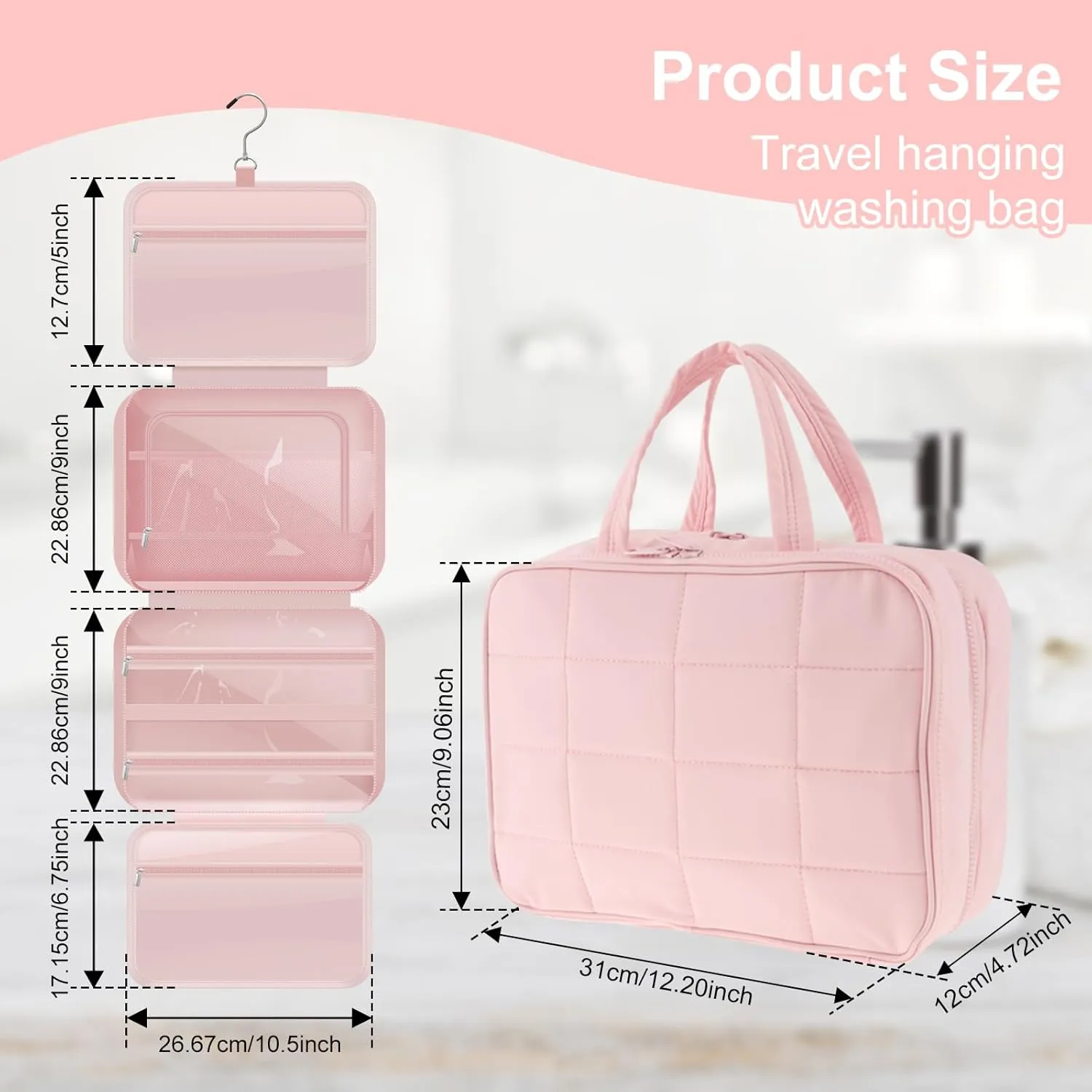 Hanging Toiletry Bag,Travel Toiletry Bag with Jewelry Organizer,Travel Jewelry Box,Makeup Cosmetic Bag Organizer,Suitable for Travel Accessories, Travel Essentials (Pink)