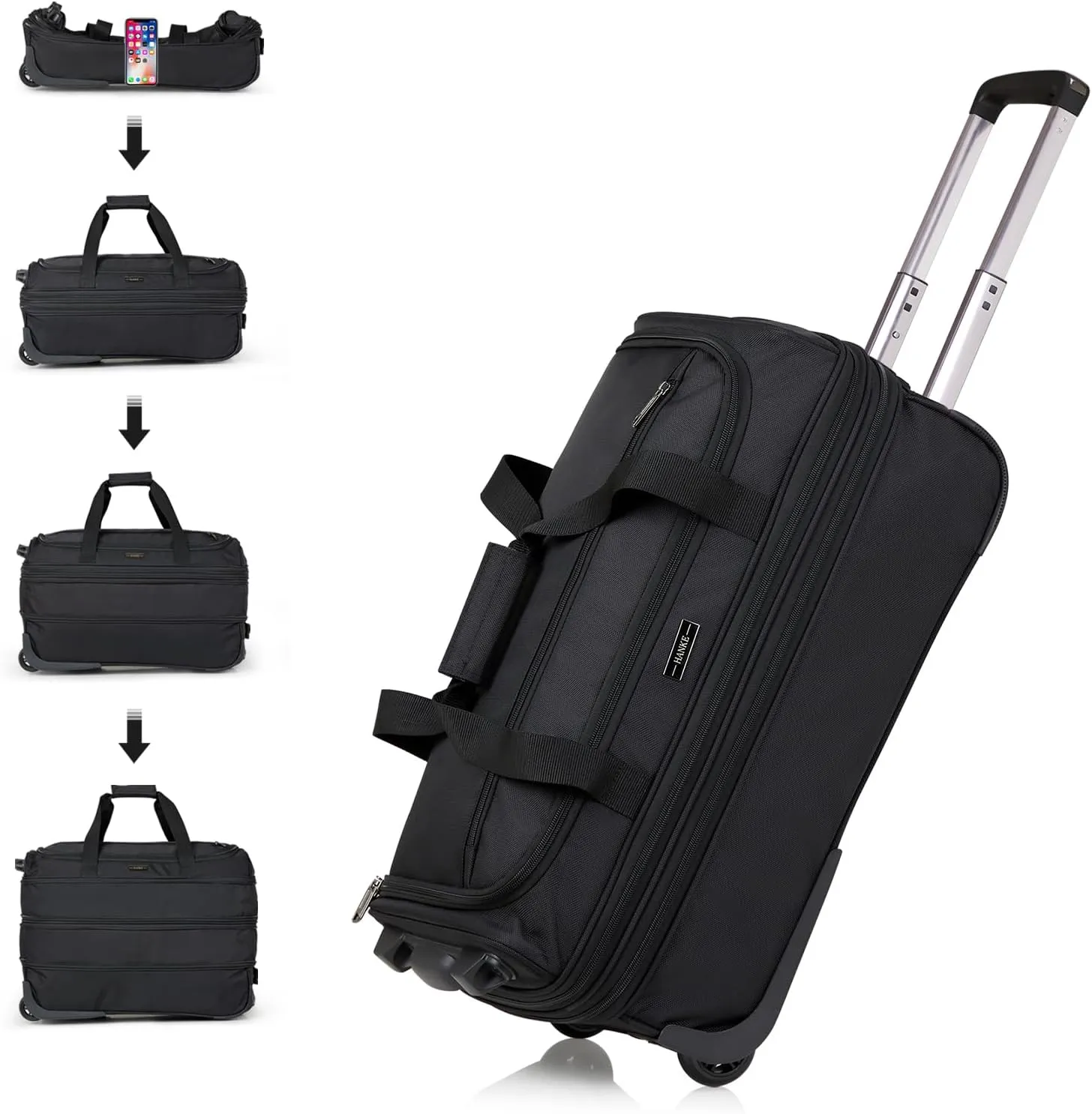 Hanke 20 Inch Expandable Carry On Luggage Suitcases with Wheels Foldable Duffle Bag for Travel Carry On suitcase Weekend Bag for Women MenBlack