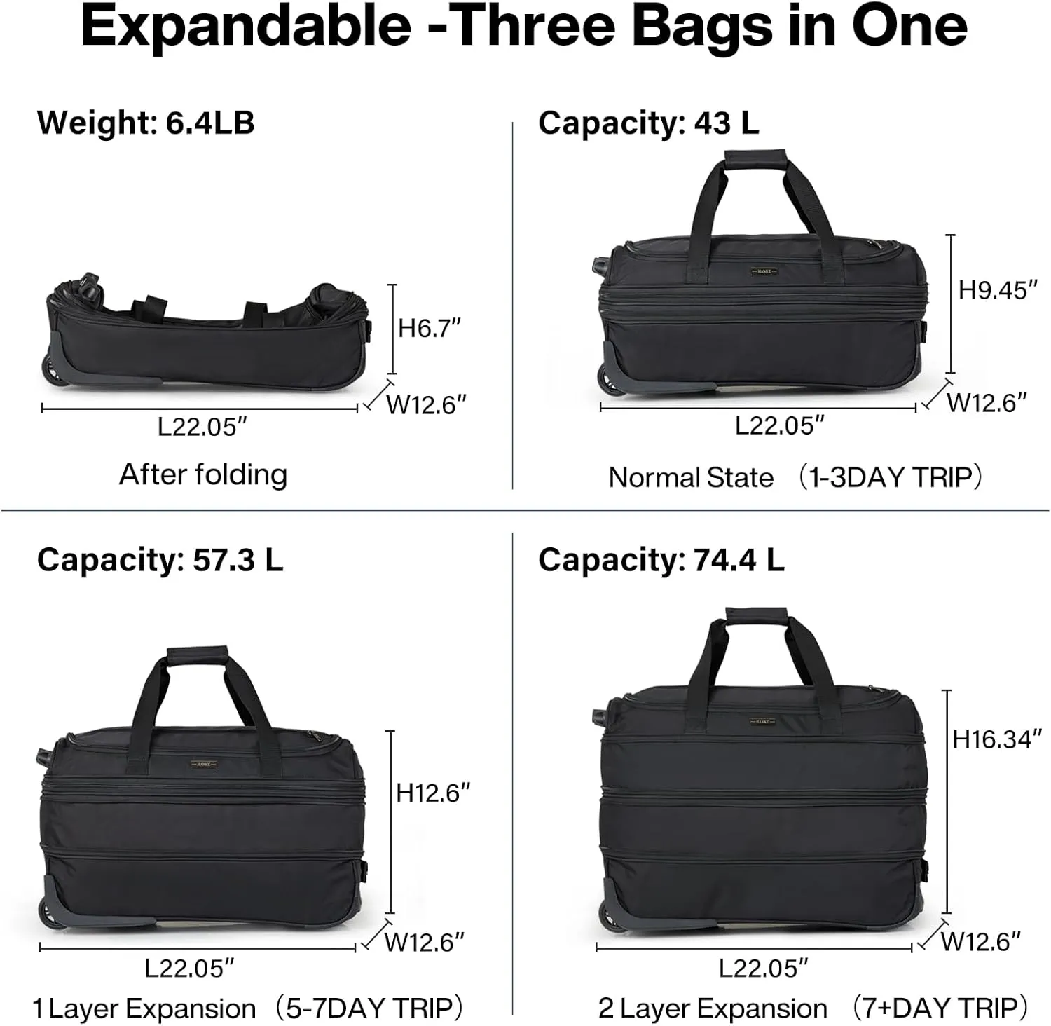 Hanke 20 Inch Expandable Carry On Luggage Suitcases with Wheels Foldable Duffle Bag for Travel Carry On suitcase Weekend Bag for Women MenBlack
