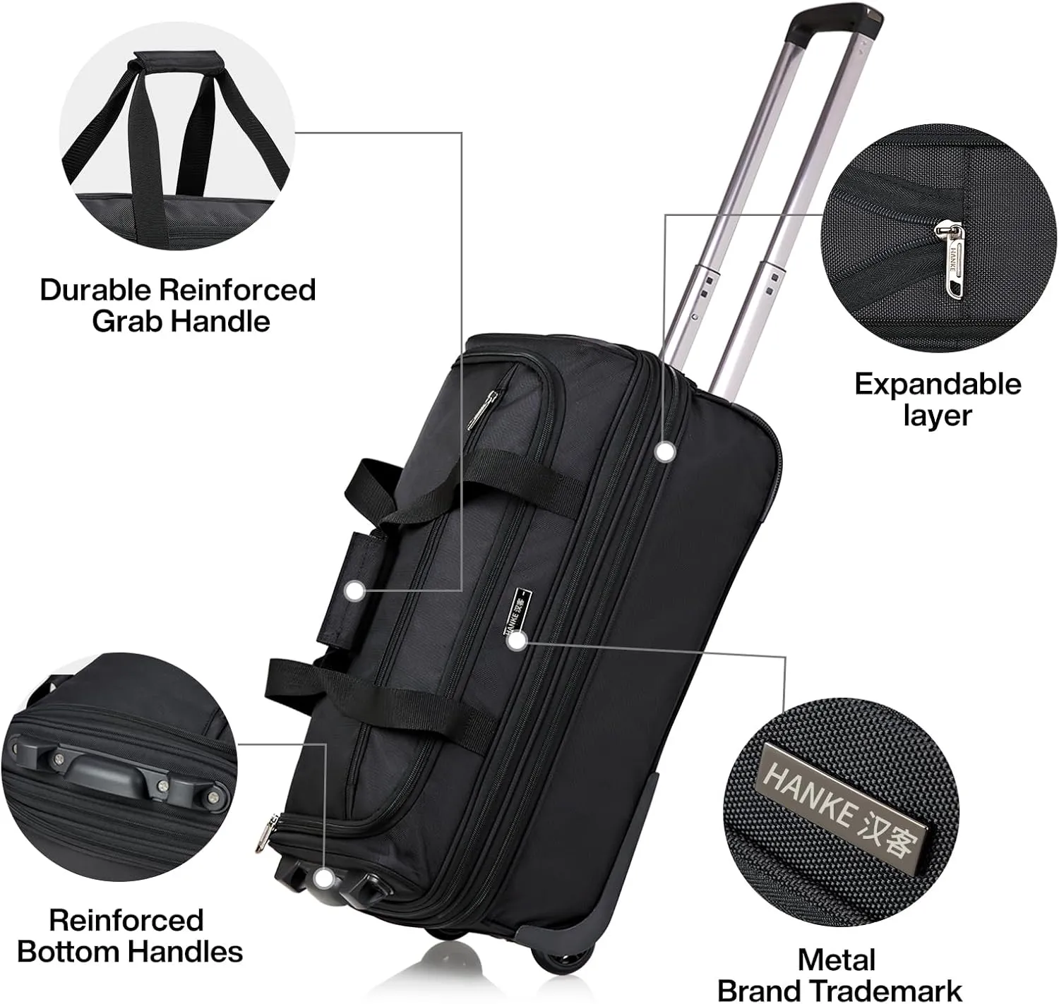 Hanke 20 Inch Expandable Carry On Luggage Suitcases with Wheels Foldable Duffle Bag for Travel Carry On suitcase Weekend Bag for Women MenBlack