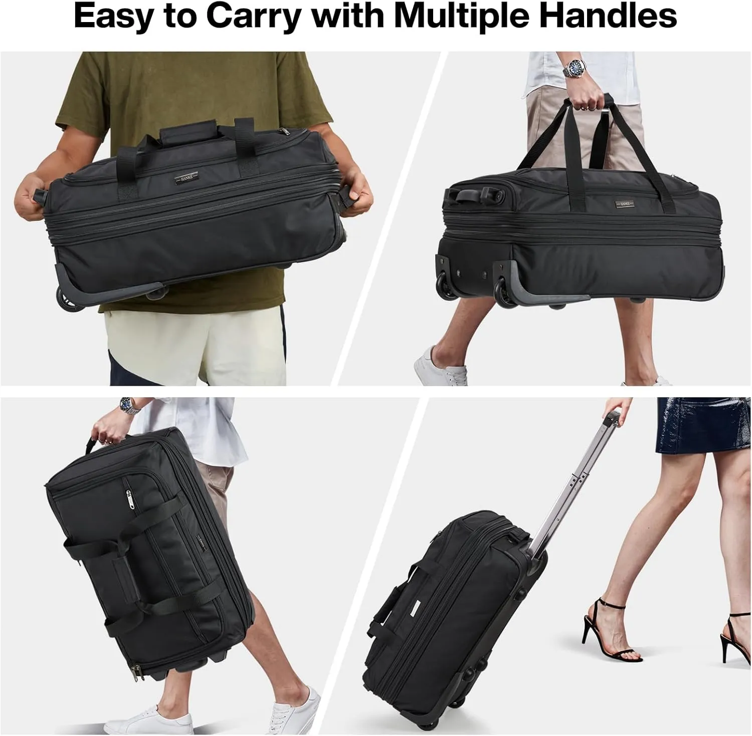 Hanke 20 Inch Expandable Carry On Luggage Suitcases with Wheels Foldable Duffle Bag for Travel Carry On suitcase Weekend Bag for Women MenBlack
