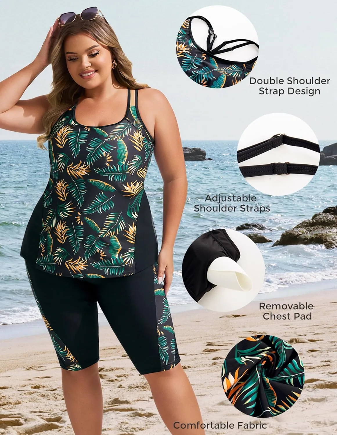 Hanna Nikole Women's Plus Size Tankini Swimsuits Two Piece Bathing Suits Rash Guard Swimwear with Capris Shorts