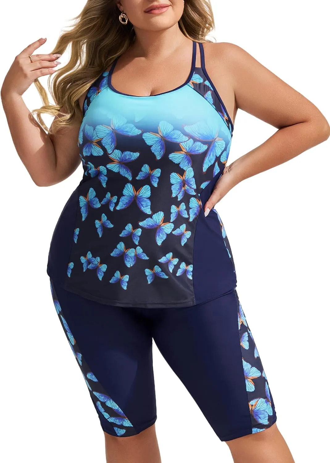 Hanna Nikole Women's Plus Size Tankini Swimsuits Two Piece Bathing Suits Rash Guard Swimwear with Capris Shorts