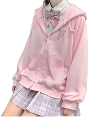 Harajuku Sweet Kawaii Hoodie Fruit Print Women's Loose Thin Zipper Sweater Girl Cute Pink Plus Size Clothes