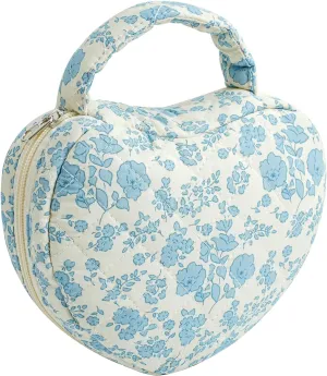 Heart Shaped Floral Cotton Cosmetic Bag Makeup Bag for Women, Travel Quilted Zipper Make Up Case with Handle, Flowers Toiletry Organizer Makeup Cosmetic Travel Cloth Pouch (Blue Floral)