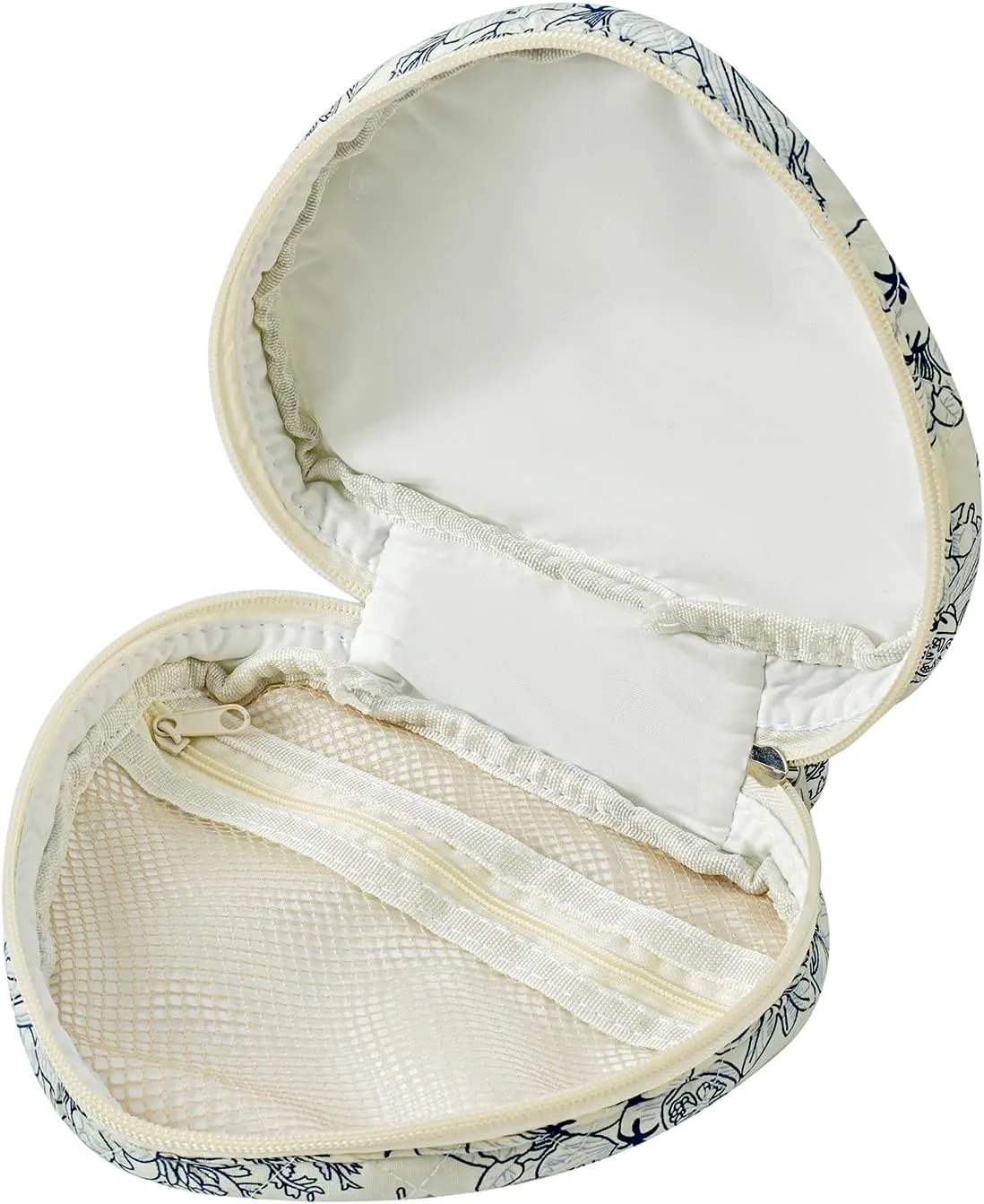 Heart Shaped Floral Cotton Cosmetic Bag Makeup Bag for Women, Travel Quilted Zipper Make Up Case with Handle, Flowers Toiletry Organizer Makeup Cosmetic Travel Cloth Pouch (Navy Blue Flower)