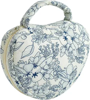 Heart Shaped Floral Cotton Cosmetic Bag Makeup Bag for Women, Travel Quilted Zipper Make Up Case with Handle, Flowers Toiletry Organizer Makeup Cosmetic Travel Cloth Pouch (Navy Blue Flower)