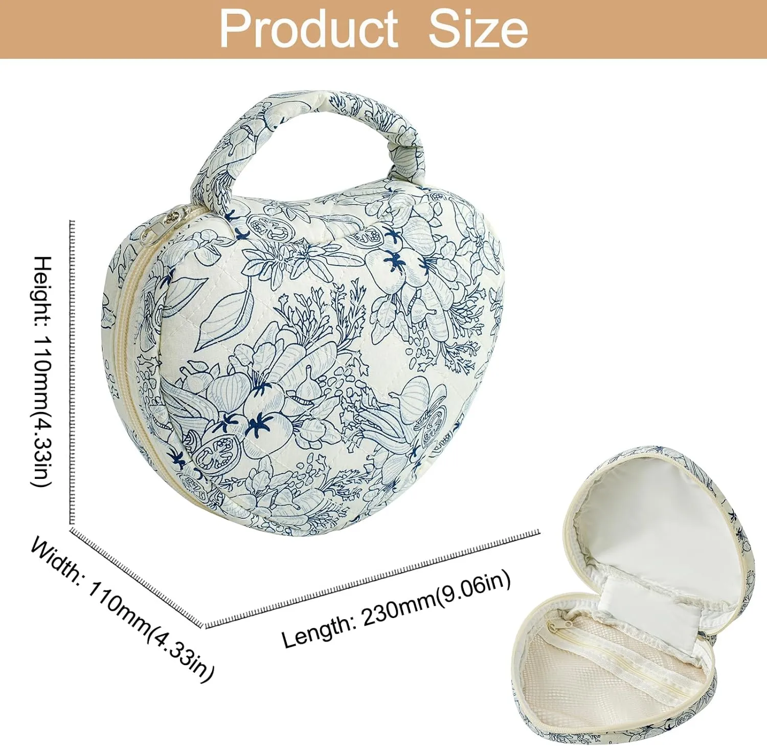 Heart Shaped Floral Cotton Cosmetic Bag Makeup Bag for Women, Travel Quilted Zipper Make Up Case with Handle, Flowers Toiletry Organizer Makeup Cosmetic Travel Cloth Pouch (Navy Blue Flower)