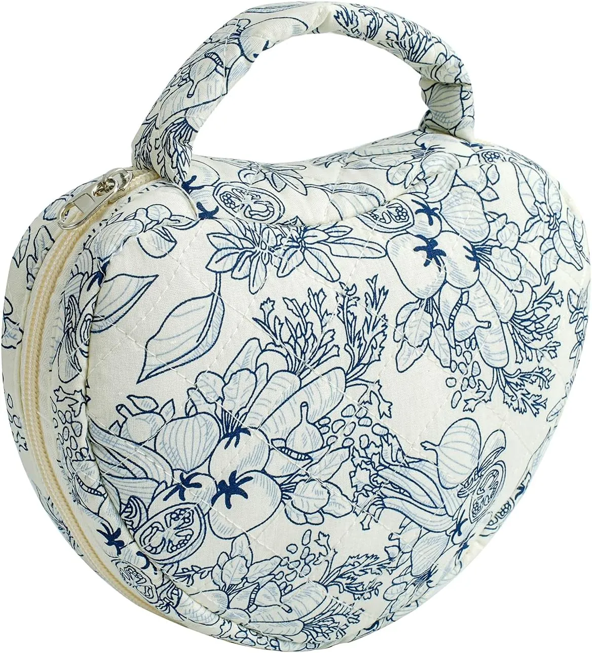 Heart Shaped Floral Cotton Cosmetic Bag Makeup Bag for Women, Travel Quilted Zipper Make Up Case with Handle, Flowers Toiletry Organizer Makeup Cosmetic Travel Cloth Pouch (Navy Blue Flower)