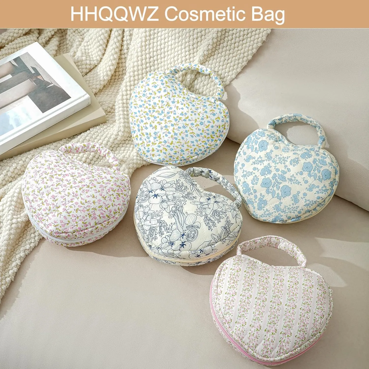 Heart Shaped Floral Cotton Cosmetic Bag Makeup Bag for Women, Travel Quilted Zipper Make Up Case with Handle, Flowers Toiletry Organizer Makeup Cosmetic Travel Cloth Pouch (Navy Blue Flower)