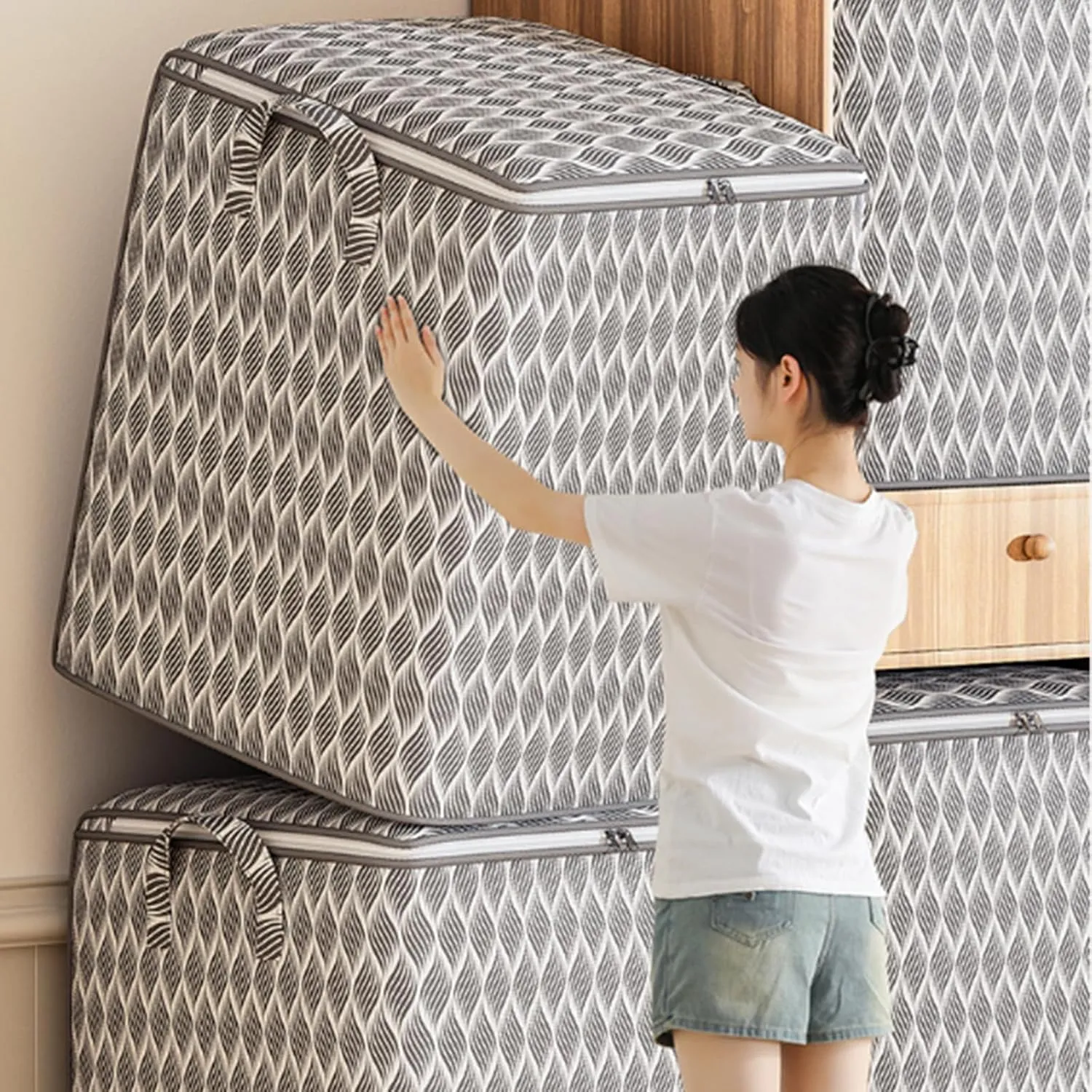 Heavy Duty Storage Bag with Reinforced Handles, Large Capacity Moving and Packing Bag for Clothes, Quilts, Bedding, Collapsible, Waterproof, Double Zipper for Travel, Dorm, and Toy Storage, 60x50x50cm