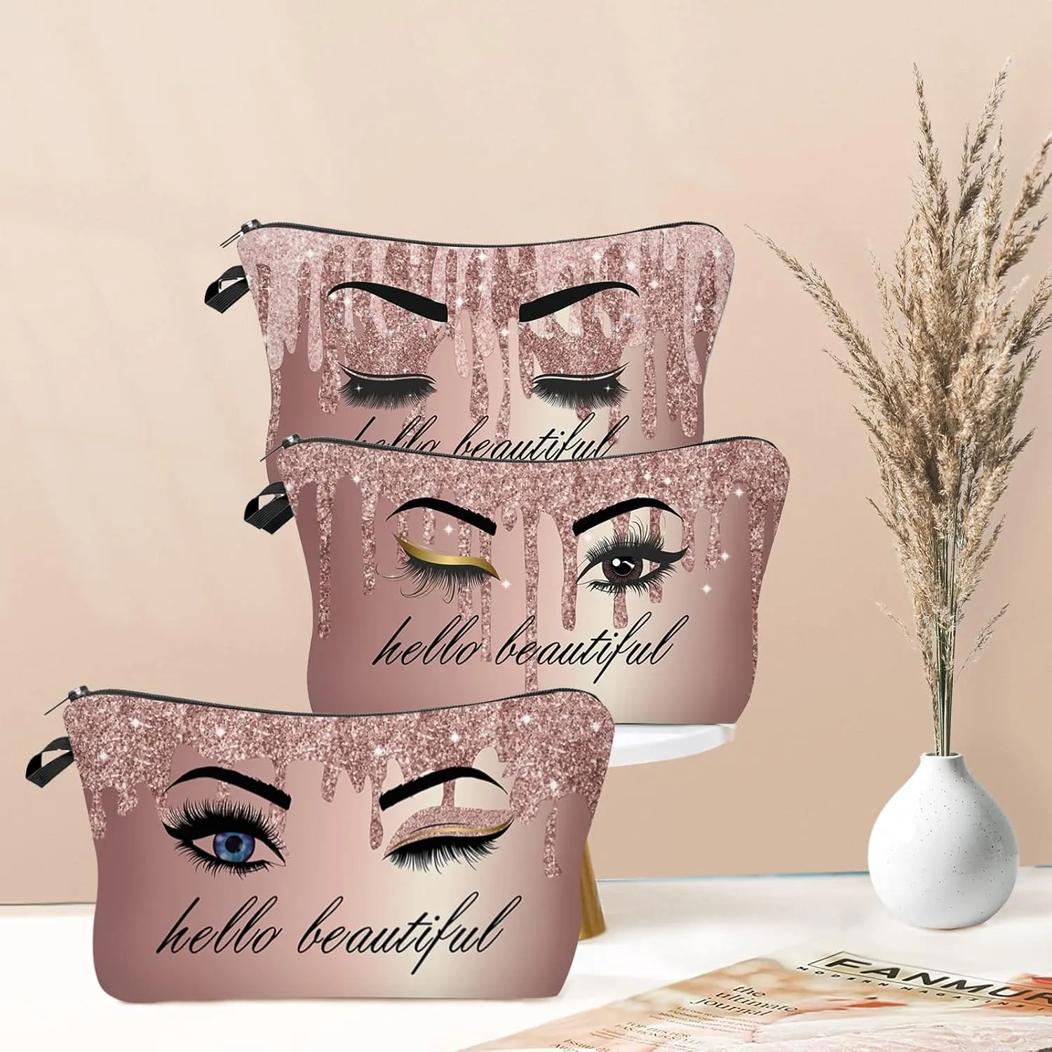 Hello Beautiful Makeup Bag for Purse Eyelash Pink Cosmetic Bags for Women Inspirational Gift Small Funny Cosmetics Glitters Eyeshadows Travel Bag Cases for Toiletries Accessories Organizer